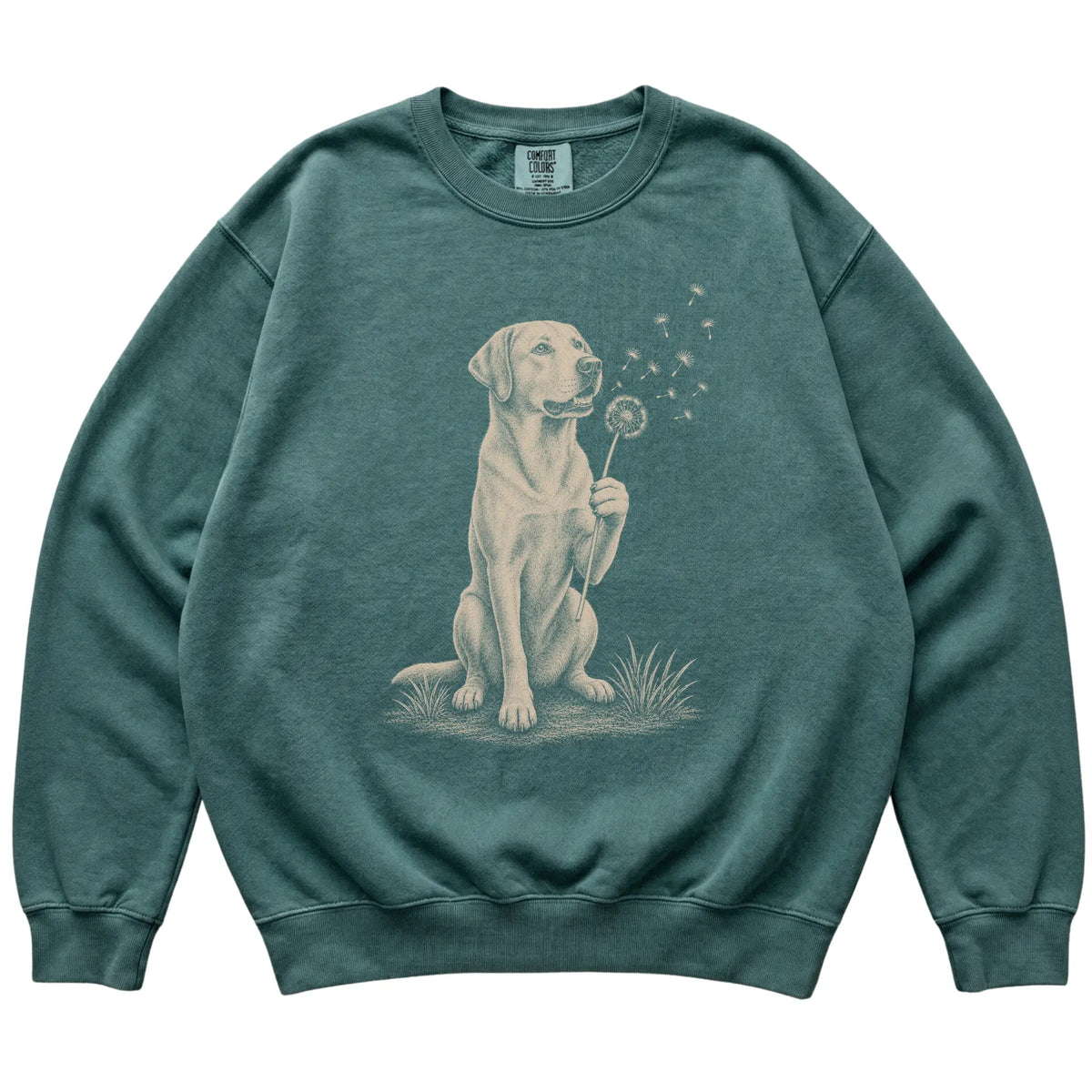 Blue Spruce Comfort Colors® sweatshirt featuring Dandelion American Bulldog, laid-flat presentation