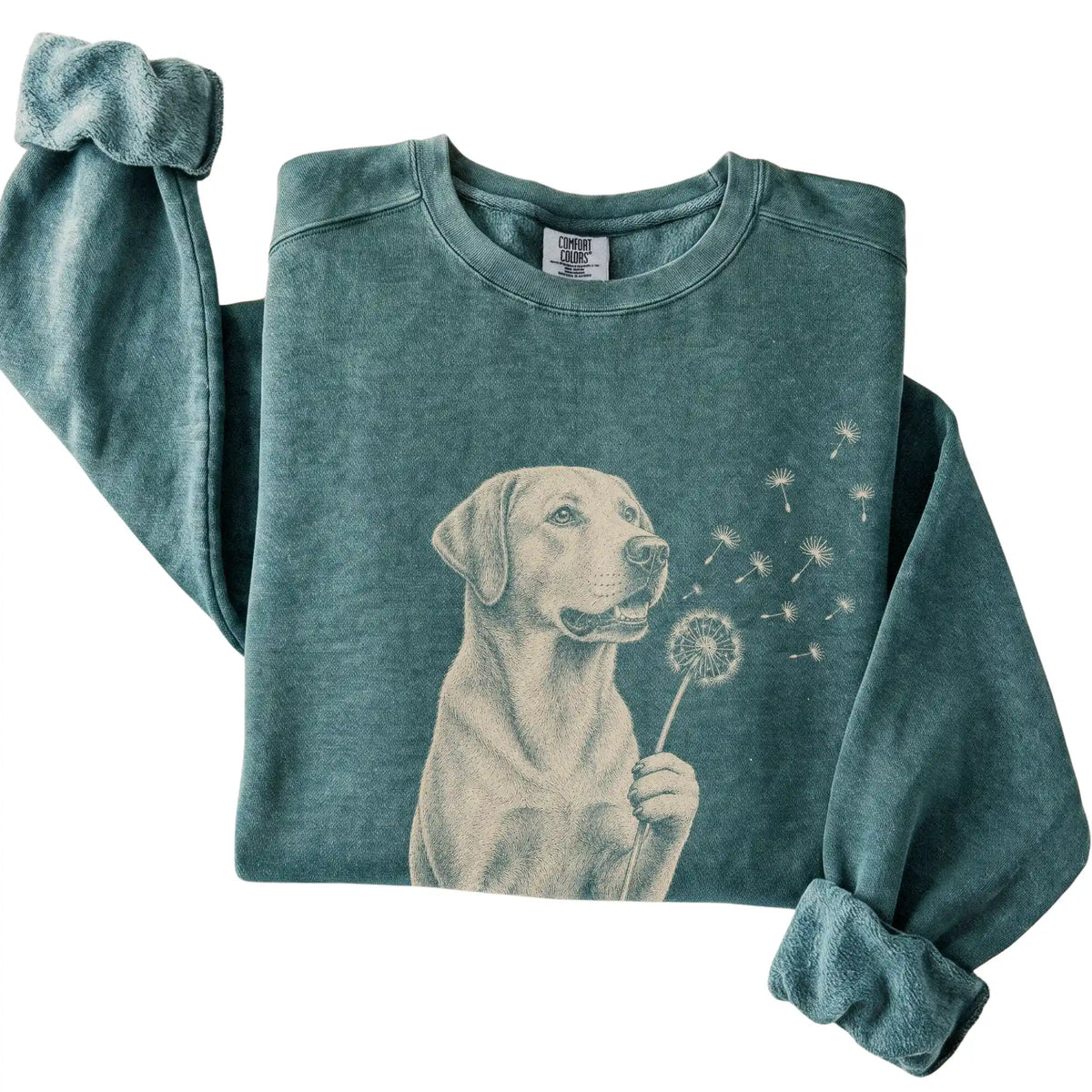 Blue Spruce Comfort Colors® sweatshirt featuring Dandelion American Bulldog, folded presentation