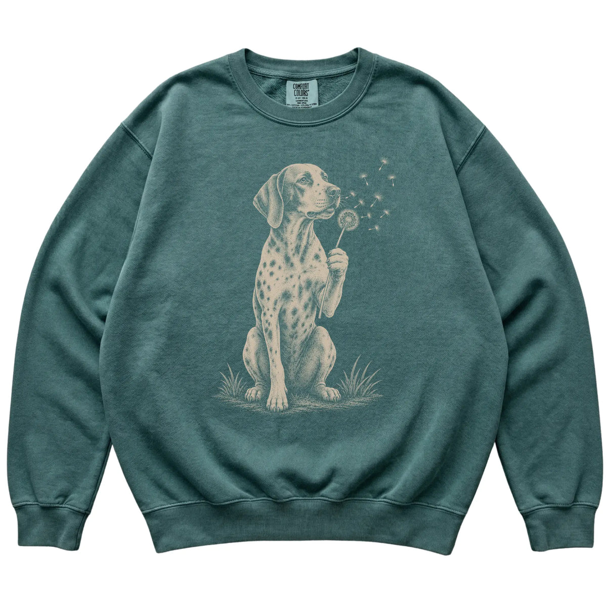 Blue Spruce Comfort Colors® sweatshirt featuring Dandelion Pointer, laid-flat presentation