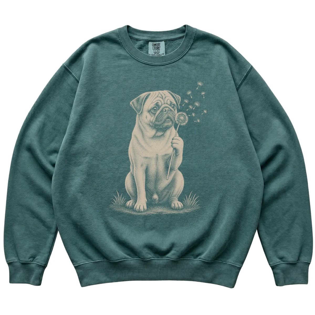 Blue Spruce Comfort Colors® sweatshirt featuring Dandelion Pug, laid-flat presentation