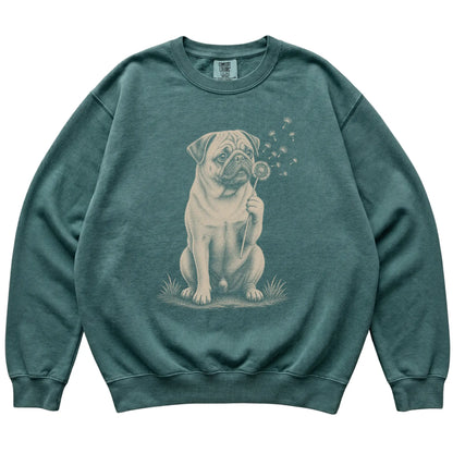 Blue Spruce Comfort Colors® sweatshirt featuring Dandelion Pug, laid-flat presentation