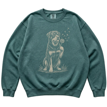 Blue Spruce Comfort Colors® sweatshirt featuring Dandelion Rottweiler, laid-flat presentation