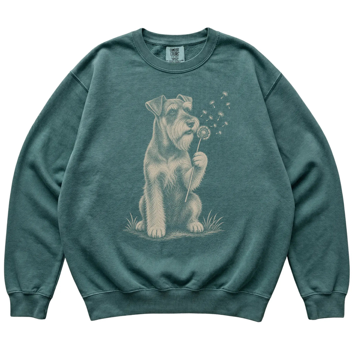 Blue Spruce Comfort Colors® sweatshirt featuring Dandelion American Bulldog, laid-flat presentation