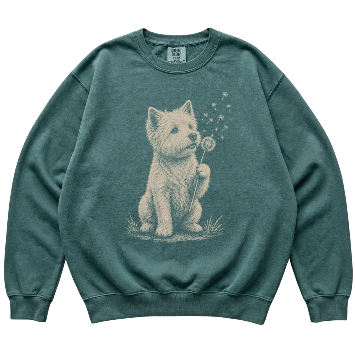 Blue Spruce Comfort Colors® sweatshirt featuring Dandelion Westie, laid-flat presentation