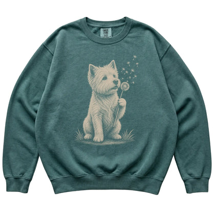 Blue Spruce Comfort Colors® sweatshirt featuring Dandelion Westie, laid-flat presentation