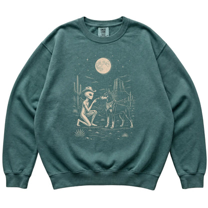 Blue Spruce Comfort Colors® sweatshirt featuring Doberman Cowboy and Alien, laid-flat presentation