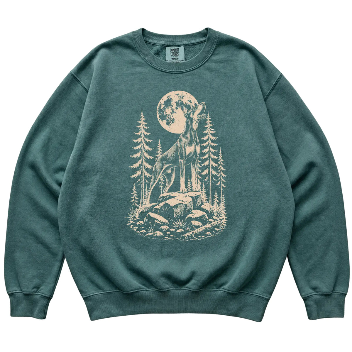 Close view of Doberman Howling at the Moon artwork on Blue Spruce Comfort Colors sweatshirt