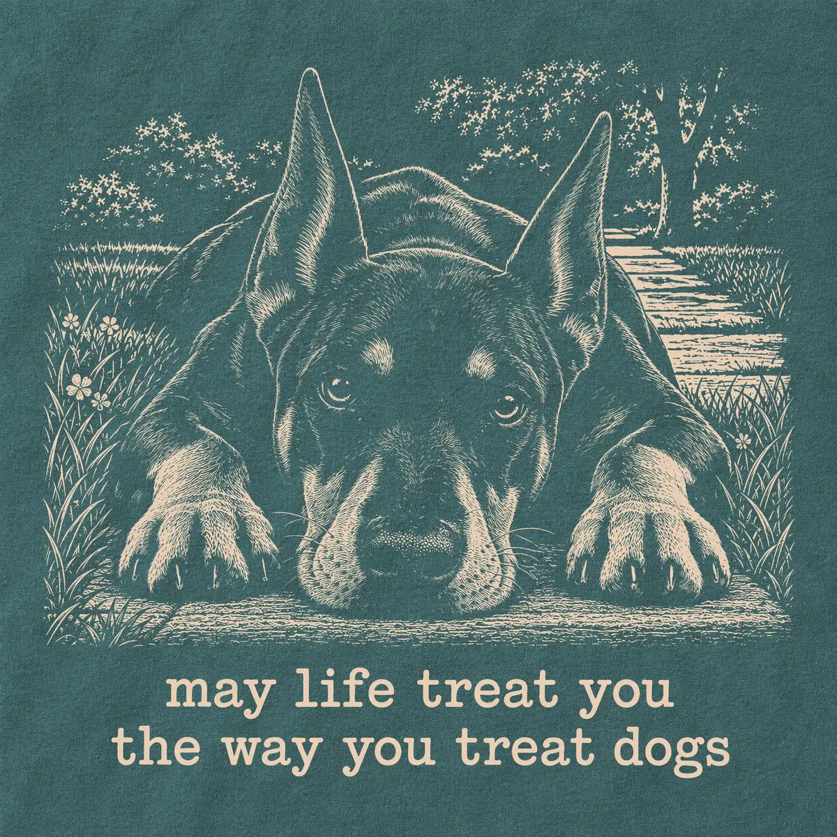 Doberman Karma Comfort Colors sweatshirt in Blue Spruce — Design Detail