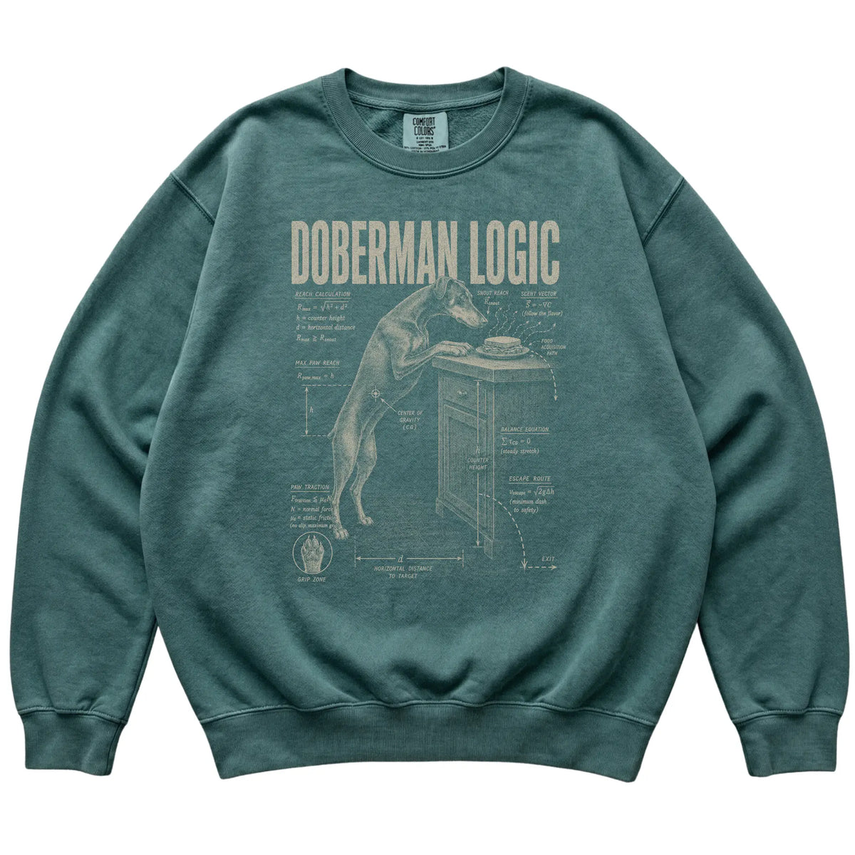 Blue Spruce Doberman Logic T-Shirt laid flat