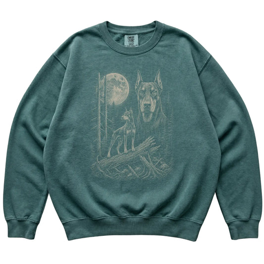 Blue Spruce Doberman Moonlit Forest Comfort Colors sweatshirt, flat view