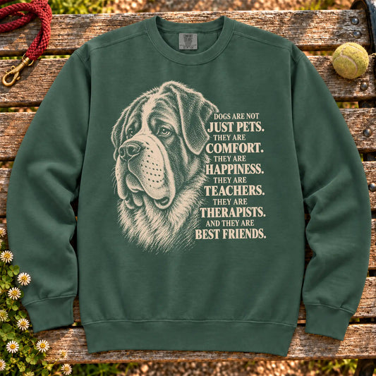 Dogs Are Not Just Pets Saint Bernard text design on a Blue Spruce Comfort Colors sweatshirt