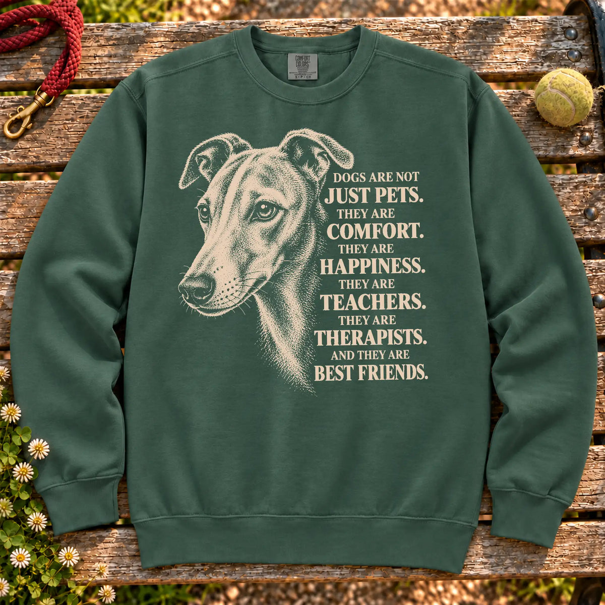 Dogs Are Not Just Pets Whippet text design on a Blue Spruce Comfort Colors sweatshirt