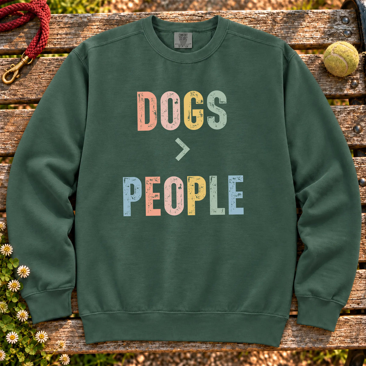 Dogss greater than people text design on a Blue Spruce Comfort Colors sweatshirt
