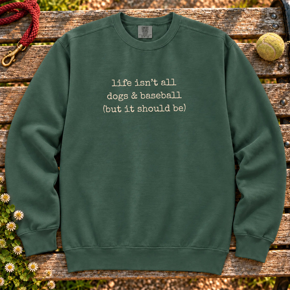 Dogs & Baseball design on a Blue Spruce crewneck sweatshirt, shown flat