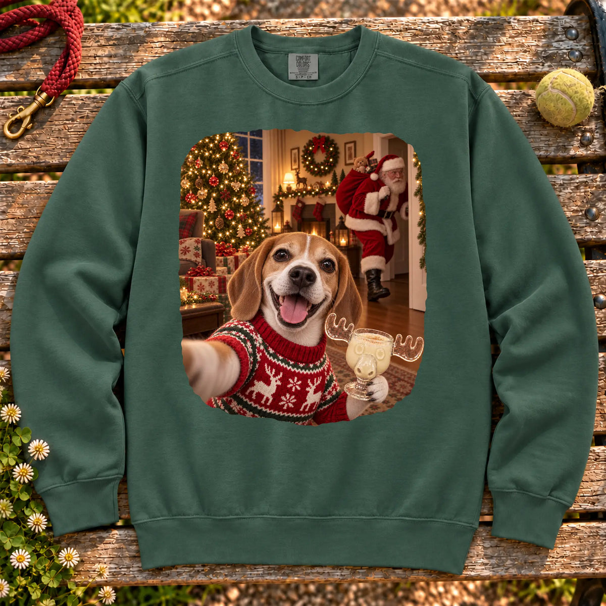 Beagle Eggnog Selfie design on a Blue Spruce Comfort Colors® sweatshirt