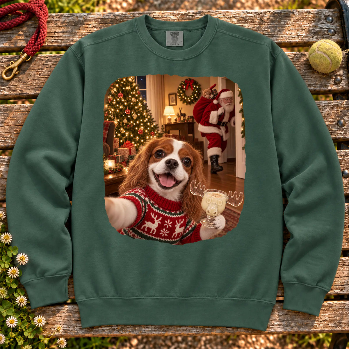 Cavalier King Charles Spaniel Eggnog Selfie design on a Blue Spruce Comfort Colors® sweatshirt