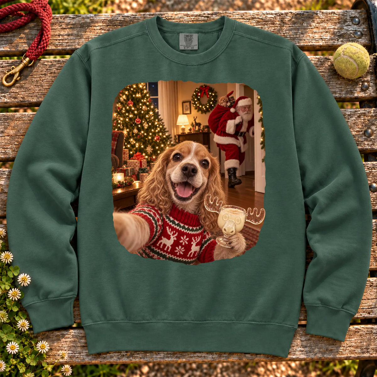 Cocker Spaniel Eggnog Selfie design on a Blue Spruce Comfort Colors® sweatshirt
