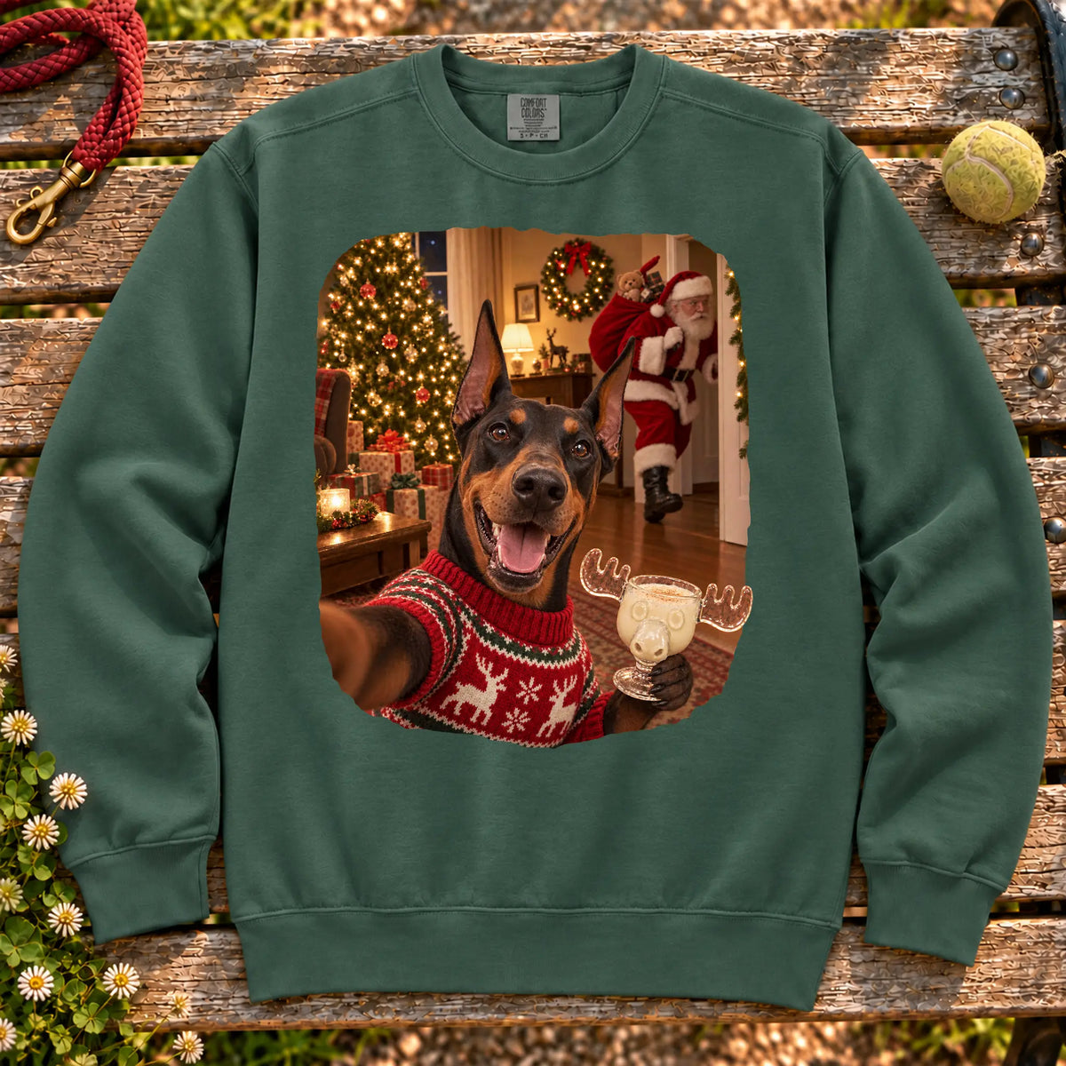 Doberman Eggnog Selfie design on a Blue Spruce Comfort Colors® sweatshirt