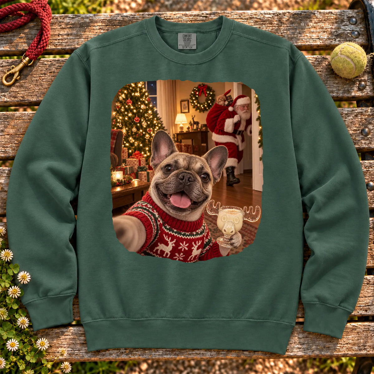 French Bulldog Eggnog Selfie design on a Blue Spruce Comfort Colors® sweatshirt