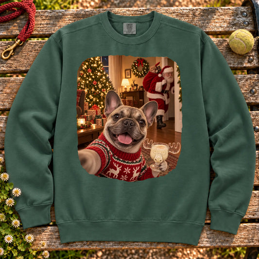 French Bulldog Eggnog Selfie design on a Blue Spruce Comfort Colors® sweatshirt