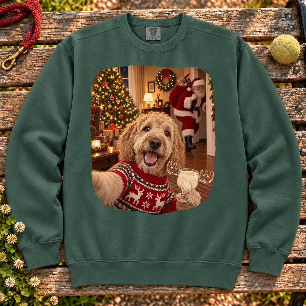 Goldendoodle Eggnog Selfie design on a Blue Spruce Comfort Colors® sweatshirt