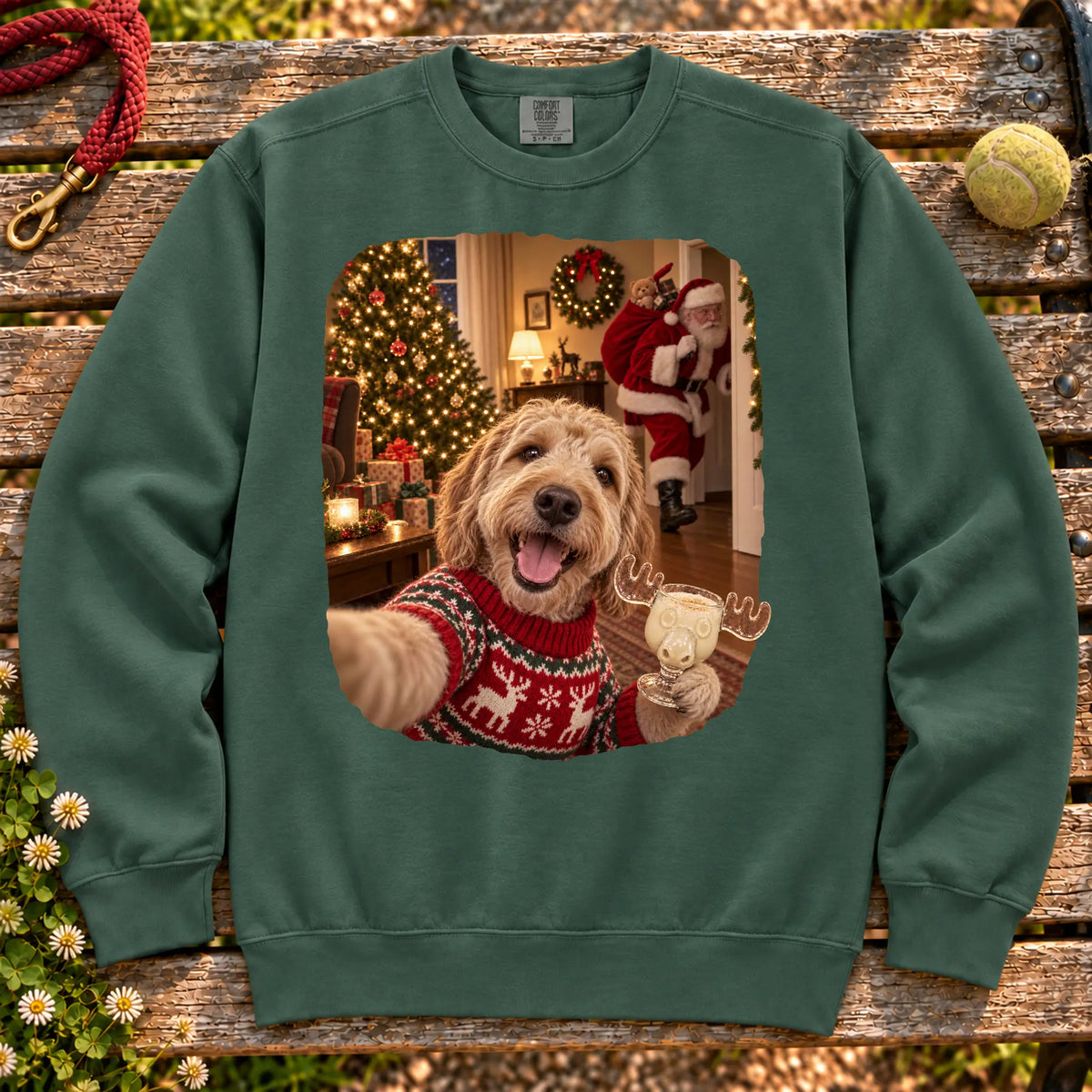 Labradoodle Eggnog Selfie design on a Blue Spruce Comfort Colors® sweatshirt