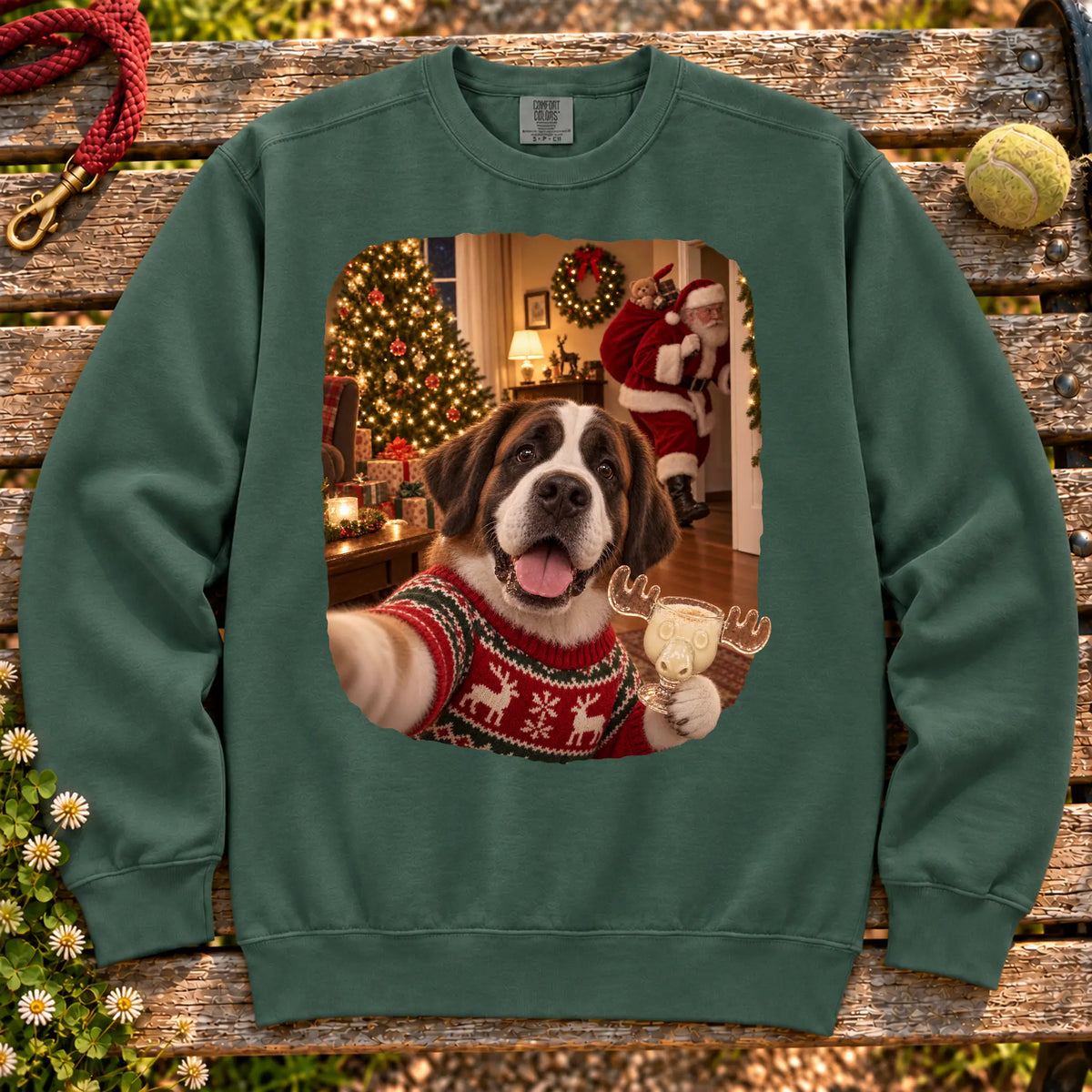 Saint Bernard Eggnog Selfie design on a Blue Spruce Comfort Colors® sweatshirt
