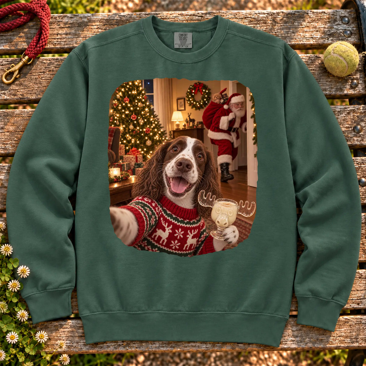 Springer Spaniel Eggnog Selfie design on a Blue Spruce Comfort Colors® sweatshirt