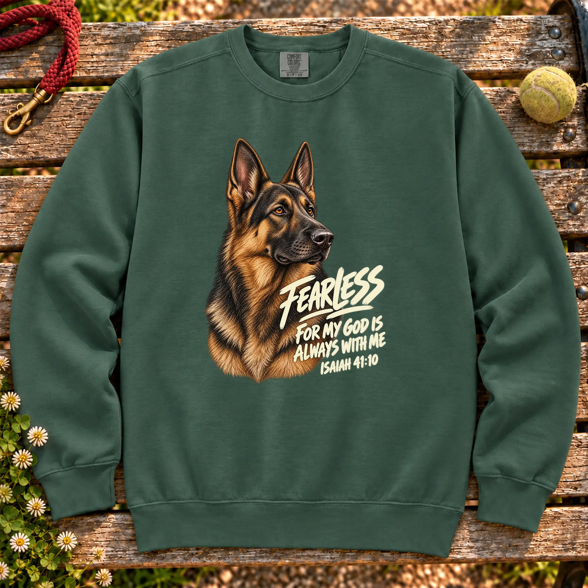 Blue Spruce Fearless German Shepherd sweatshirt with Isaiah 41:10
