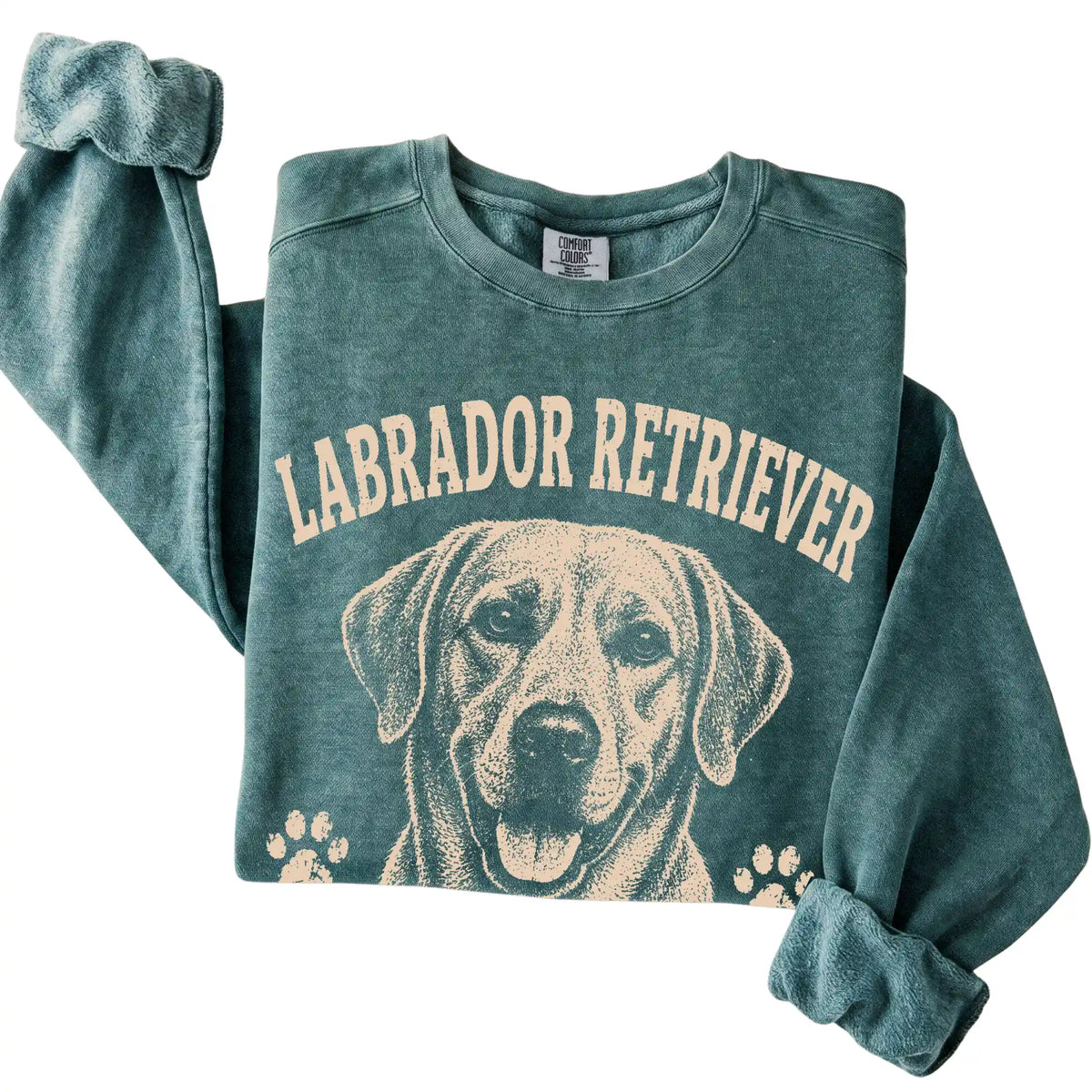Blue Spruce Comfort Colors® sweatshirt featuring Food Motivated & Proud Of It - Labrador Retriever, folded presentation