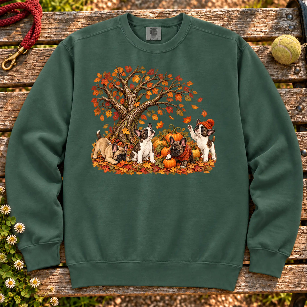 Four French Bulldog puppies with pumpkins beneath an autumn tree on a Blue Spruce garment-dyed sweatshirt