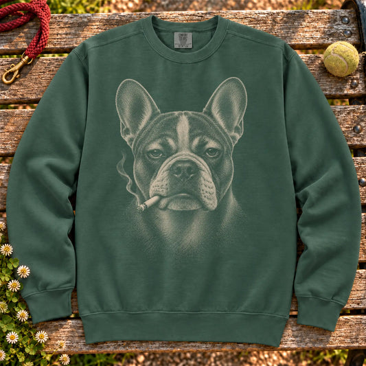 French Bulldog smoking design on a Blue Spruce sweatshirt