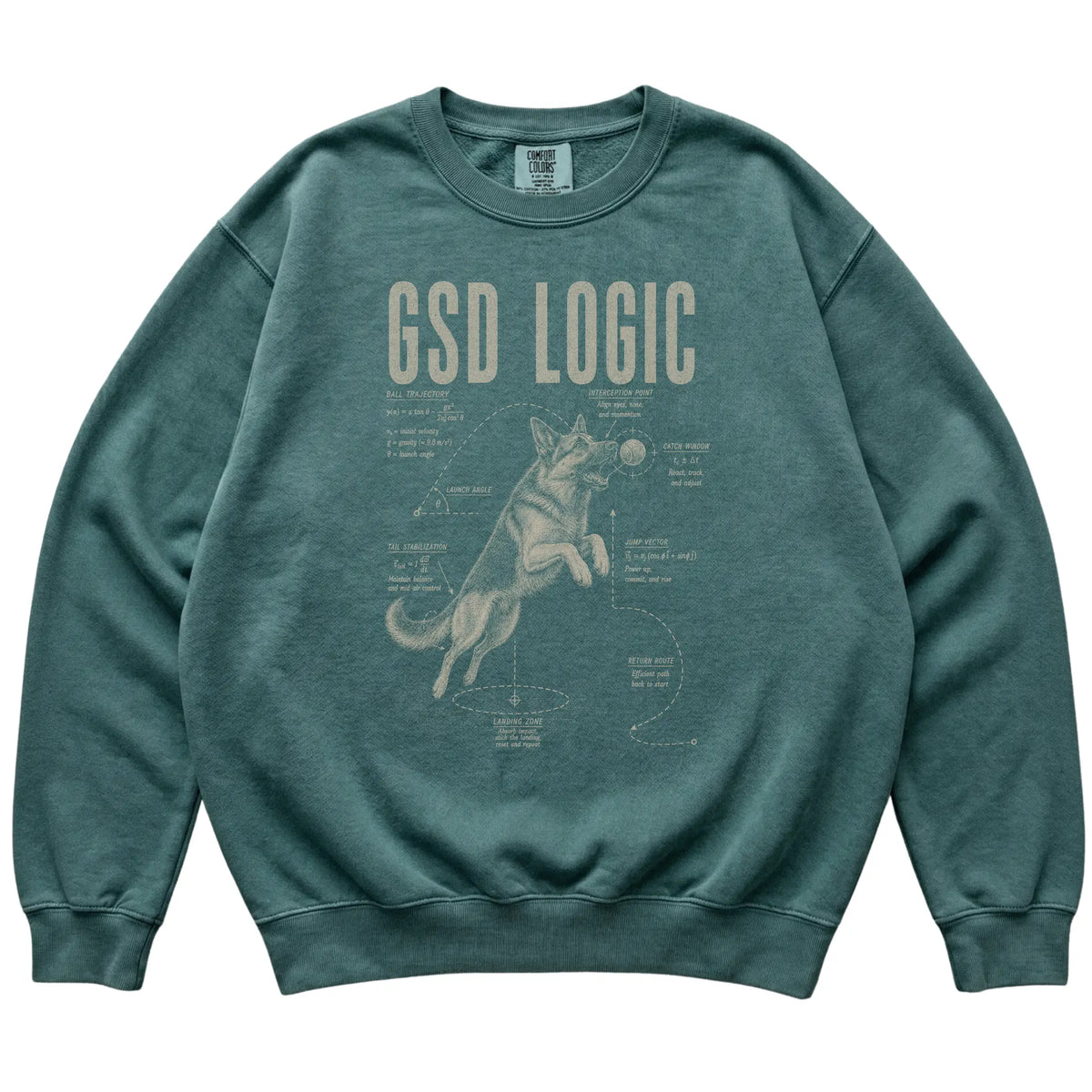 Blue Spruce German Shepherd Ball Logic T-Shirt laid flat