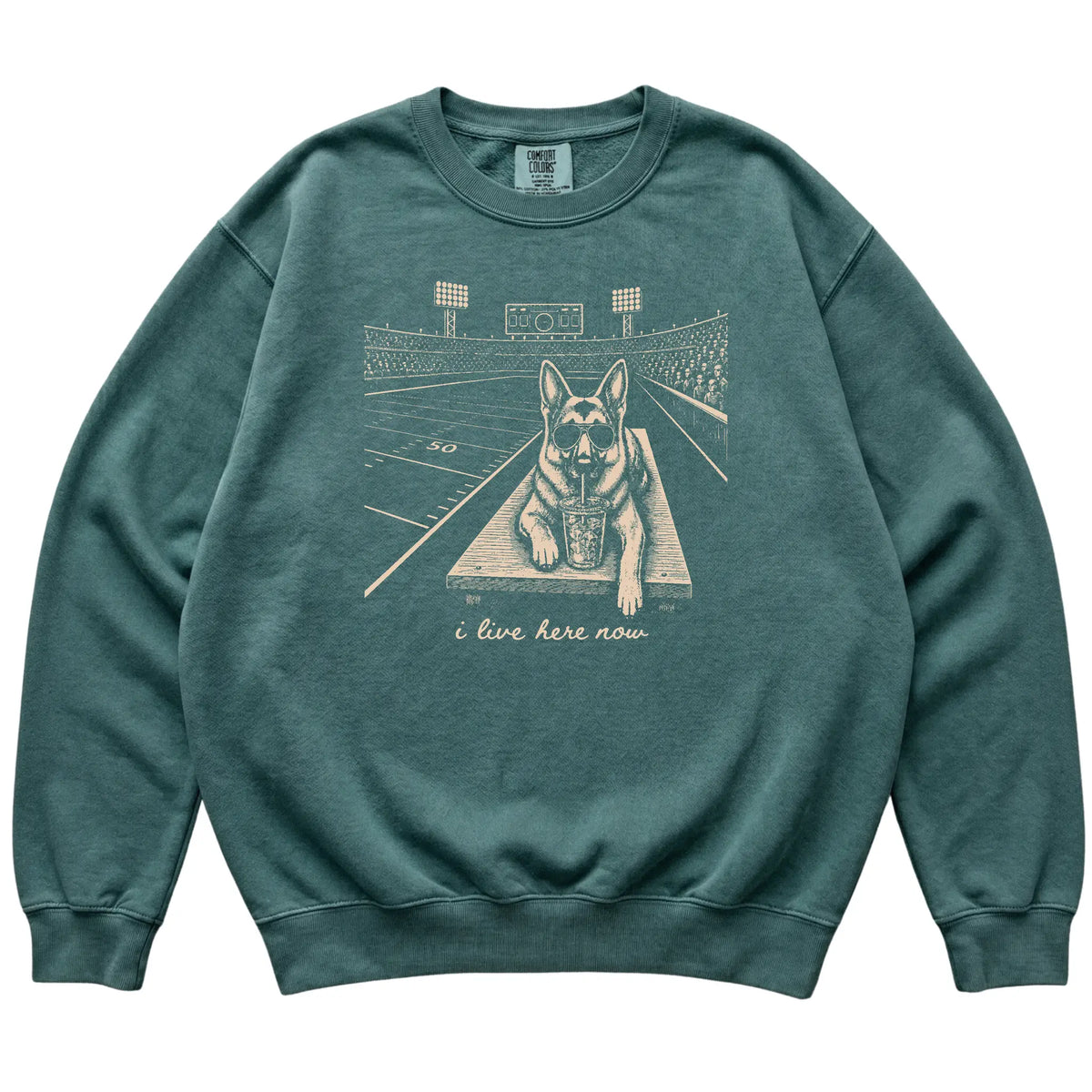 Blue Spruce German Shepherd Football Tailgate sweatshirt laid flat