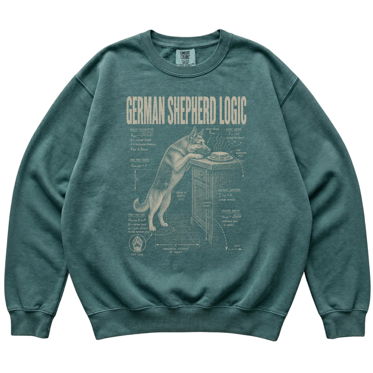 Blue Spruce German Shepherd Logic T-Shirt laid flat