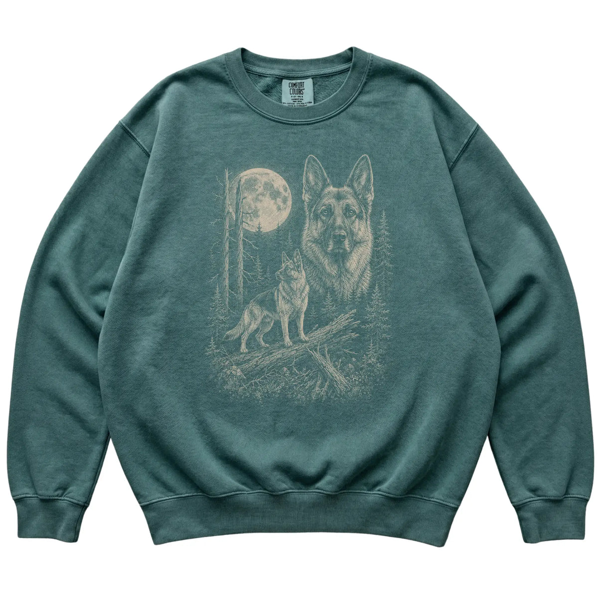 Blue Spruce German Shepherd Moonlit Forest Comfort Colors sweatshirt, flat view