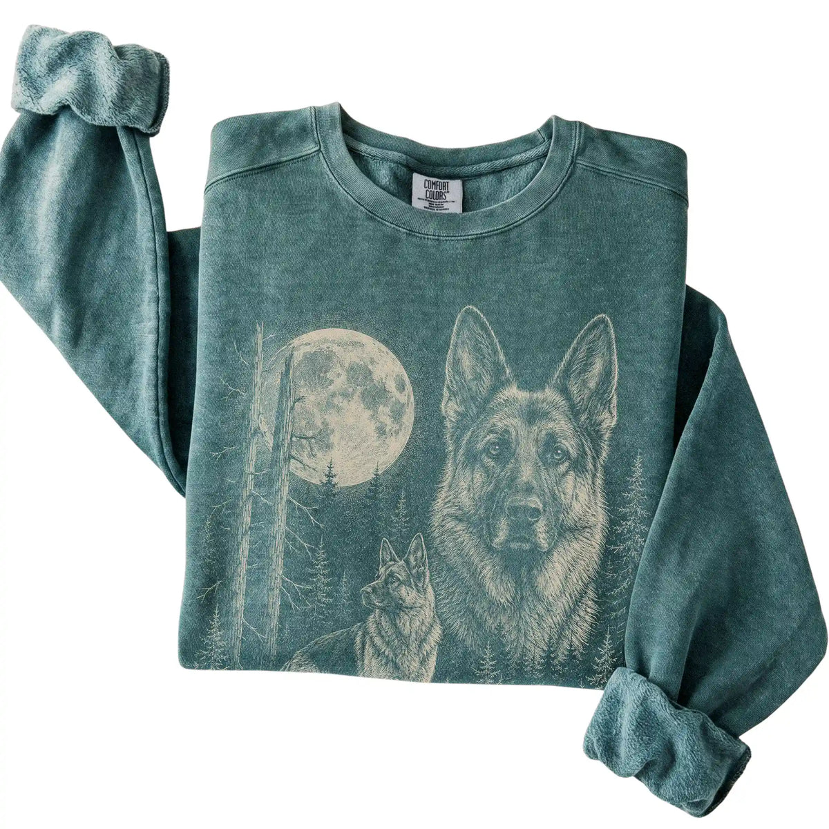 Blue Spruce German Shepherd Moonlit Forest Comfort Colors sweatshirt, folded view
