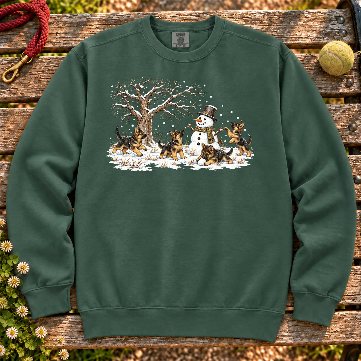 German Shepherd puppies playing in snow with a snowman on a Blue Spruce sweatshirt