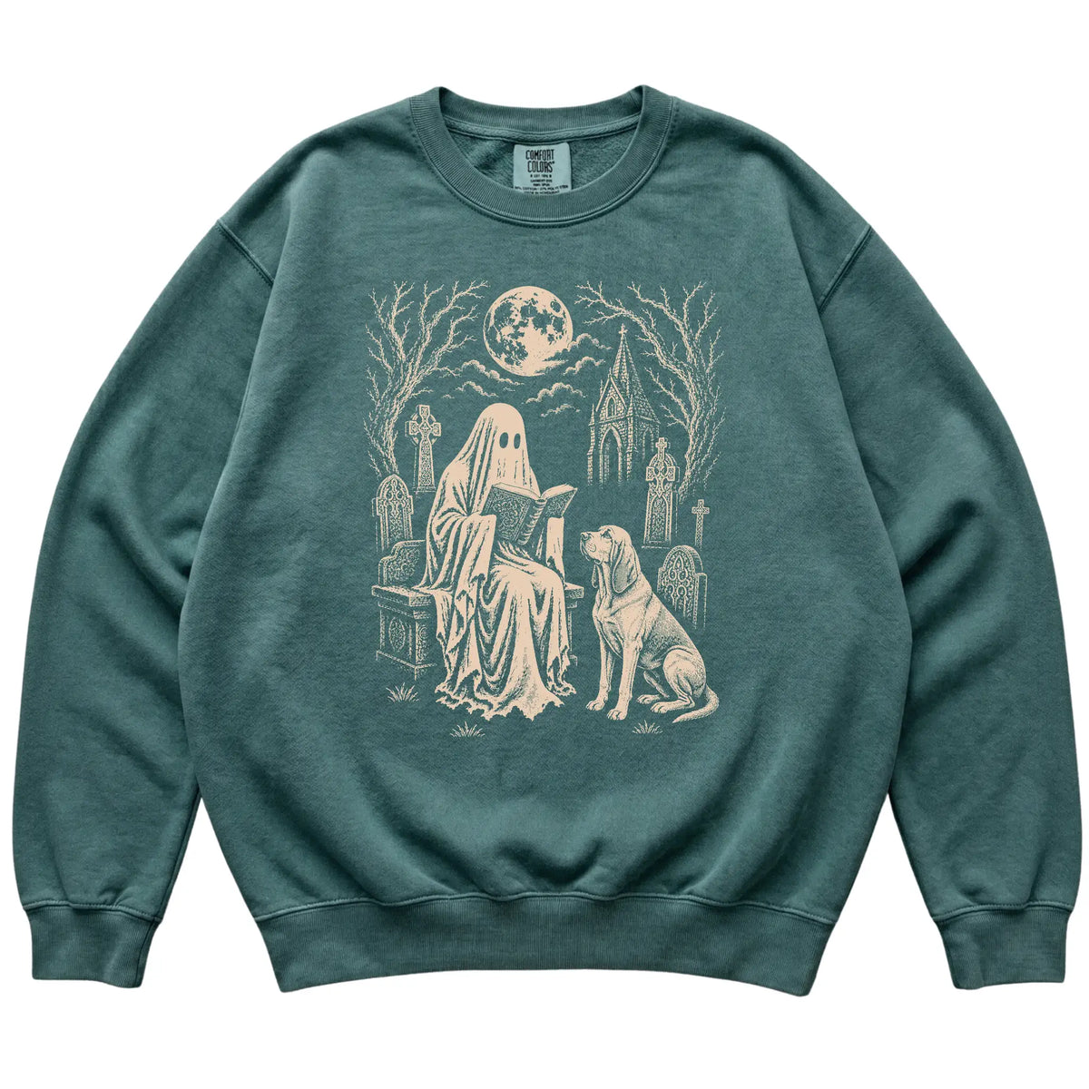 Bloodhound Ghost Reading sweatshirt in Blue Spruce, flat lay view