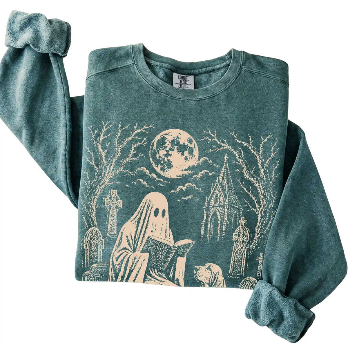 Bloodhound Ghost Reading sweatshirt in Blue Spruce, folded detail view