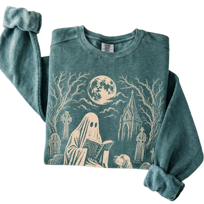 Bloodhound Ghost Reading sweatshirt in Blue Spruce, folded detail view
