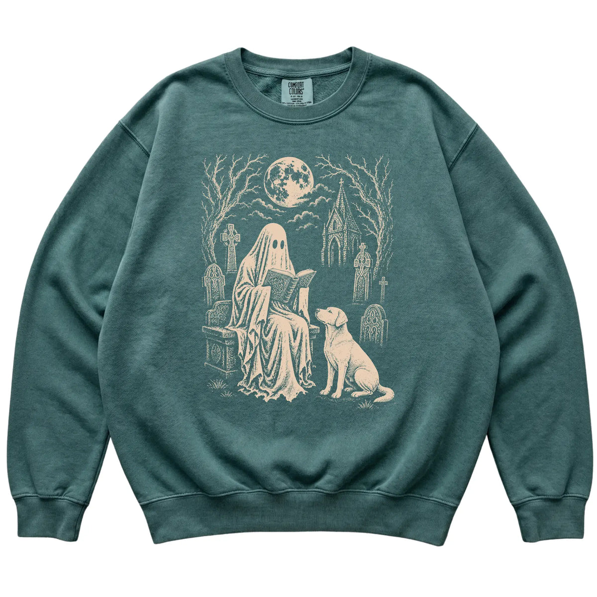 Labrador Retriever Ghost Reading sweatshirt in Blue Spruce, flat lay view