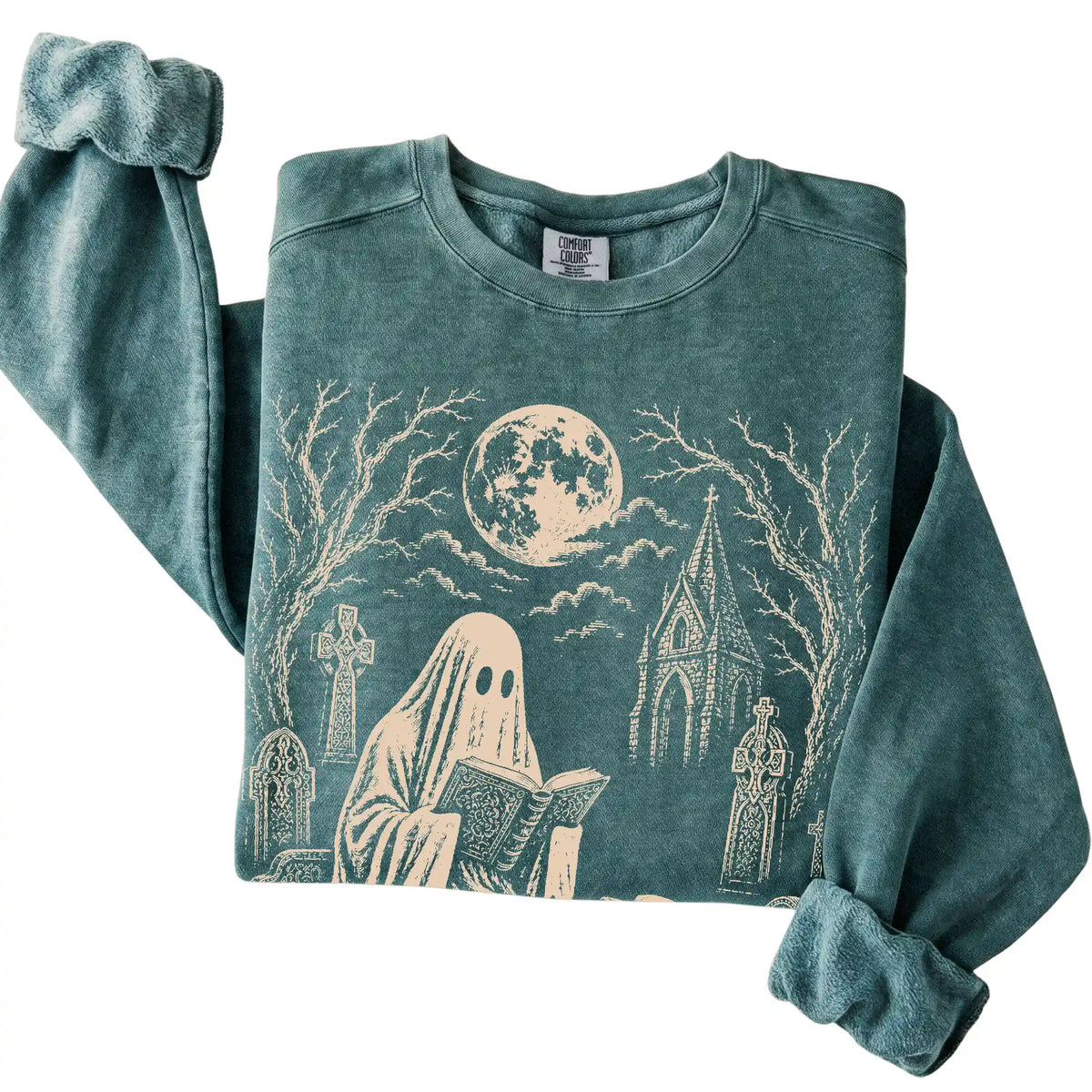 Labrador Retriever Ghost Reading sweatshirt in Blue Spruce, folded detail view