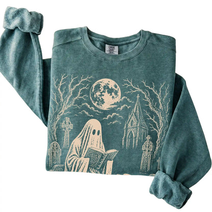 Labrador Retriever Ghost Reading sweatshirt in Blue Spruce, folded detail view