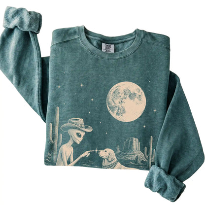 Blue Spruce Comfort Colors® sweatshirt featuring Golden Retriever Cowboy and Alien, folded presentation