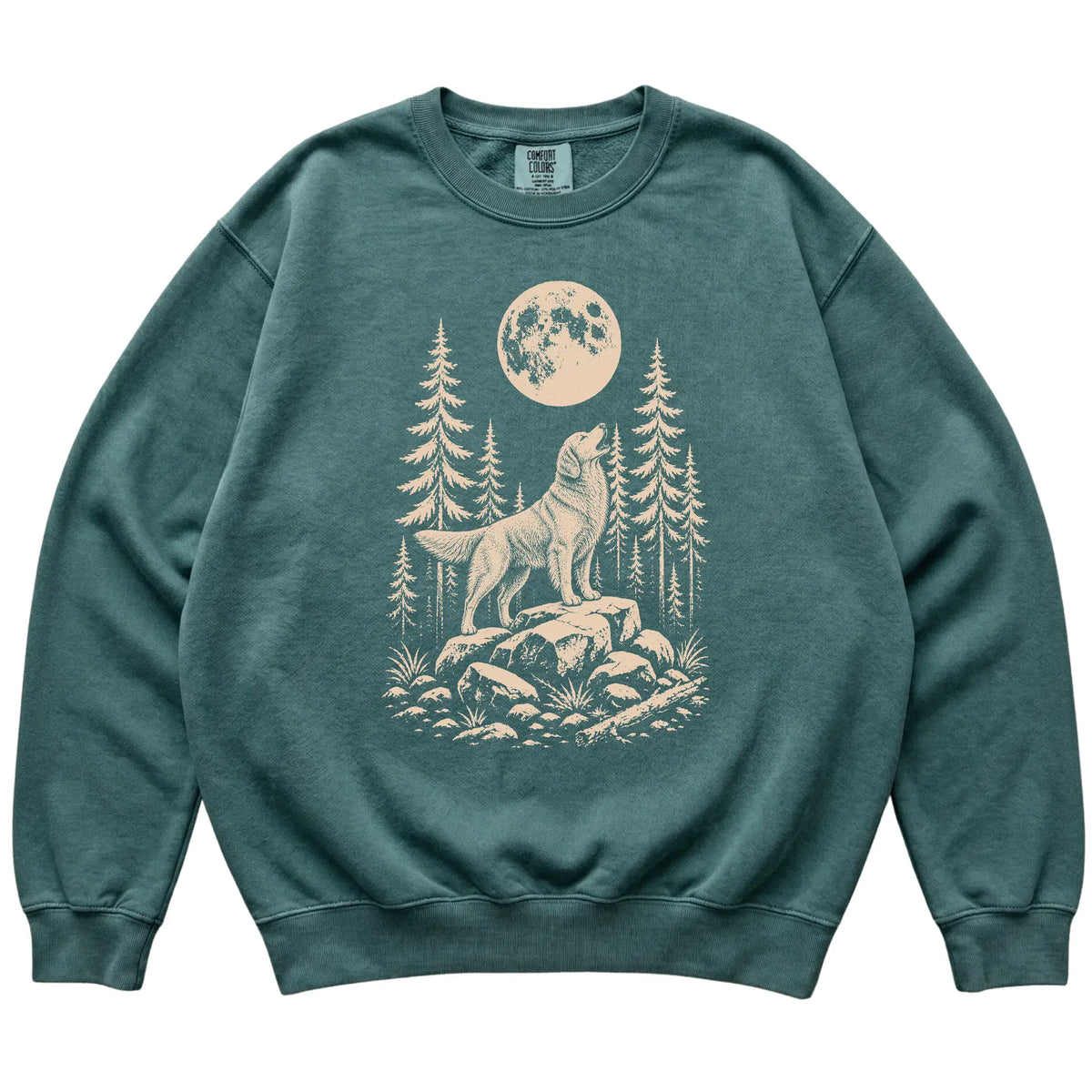 Close view of Golden Retriever Howling at the Moon artwork on Blue Spruce Comfort Colors sweatshirt
