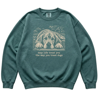 Golden Retriever Karma Comfort Colors sweatshirt in Blue Spruce — Flat Lay
