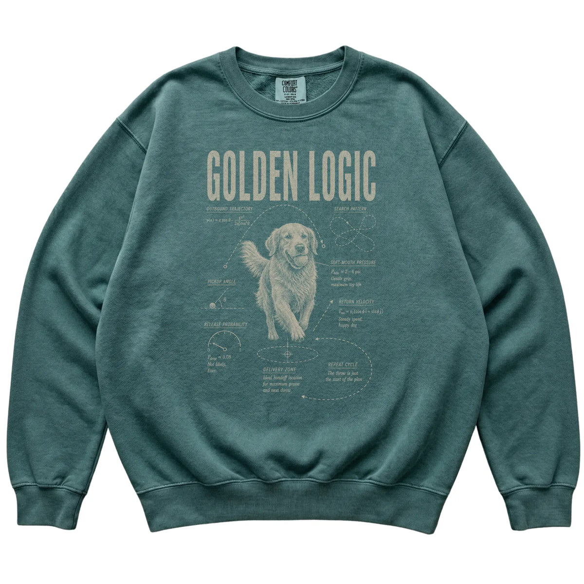 Blue Spruce Golden Retriever Logic T-Shirt laid flat