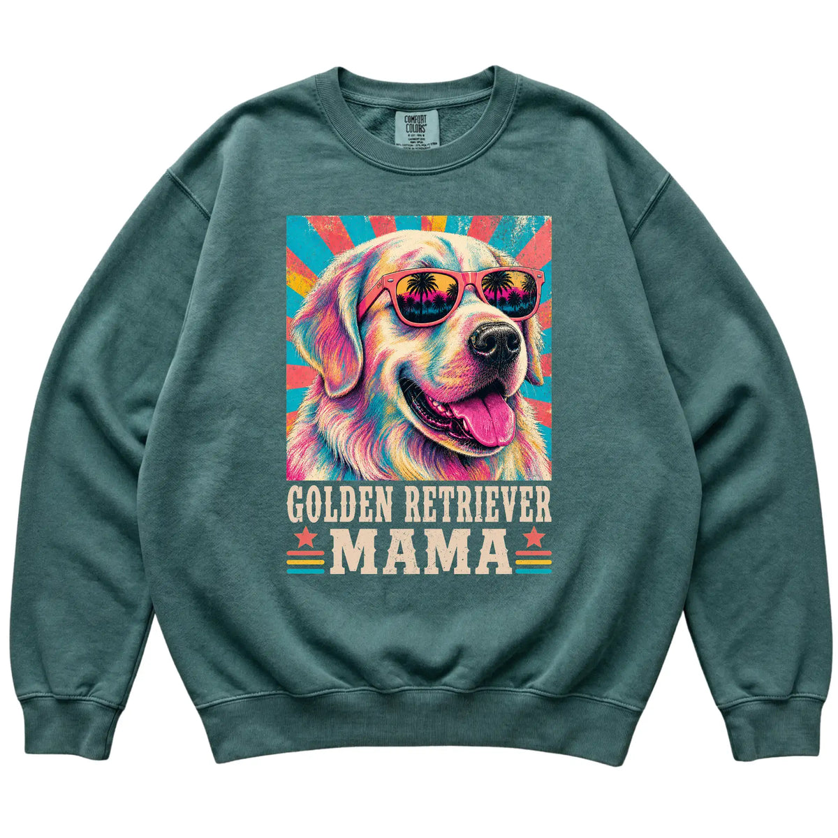 Retro Golden Retriever Mama design on a Blue Spruce Comfort Colors sweatshirt