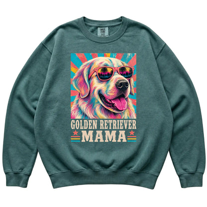 Retro Golden Retriever Mama design on a Blue Spruce Comfort Colors sweatshirt